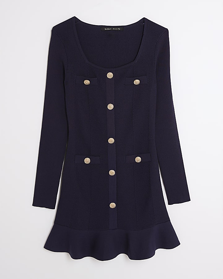 Navy Knitted Long Sleeve Peplum Mini Dress