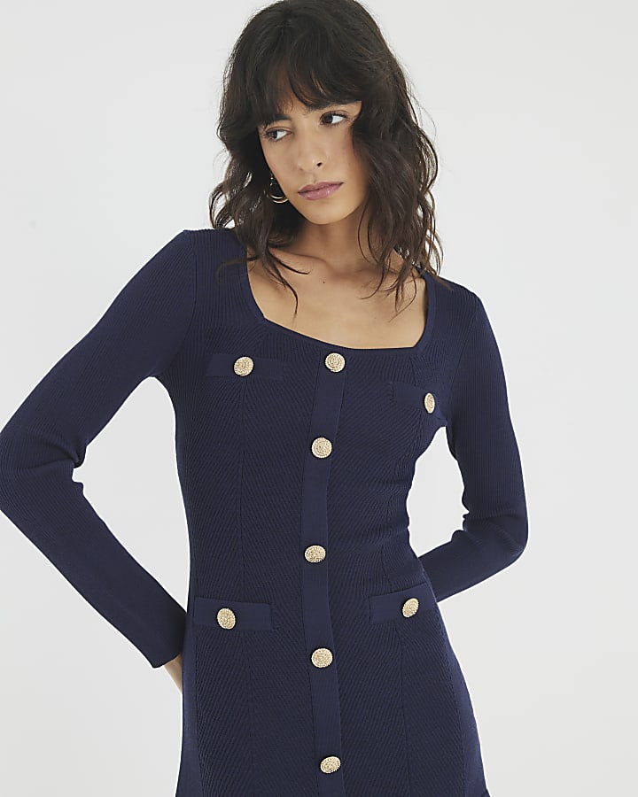 Navy Knitted Long Sleeve Peplum Mini Dress