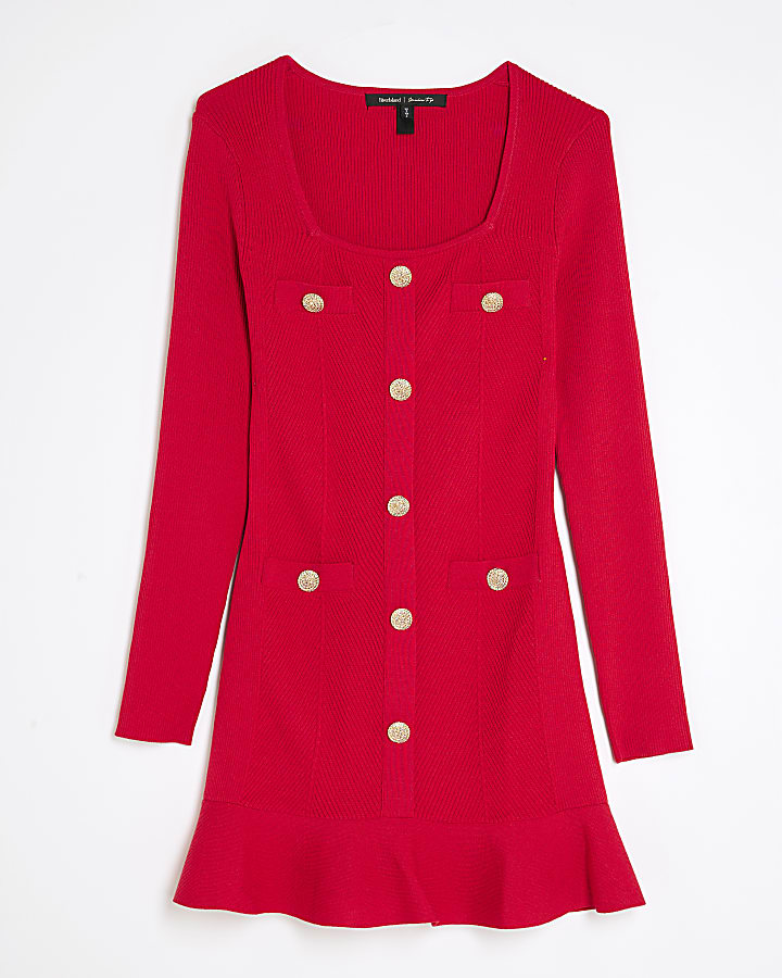 Red Knitted Long Sleeve Peplum Mini Dress