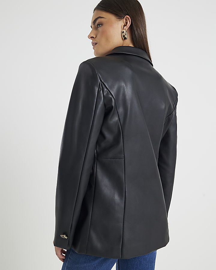 Black Faux Leather Fitted Blazer