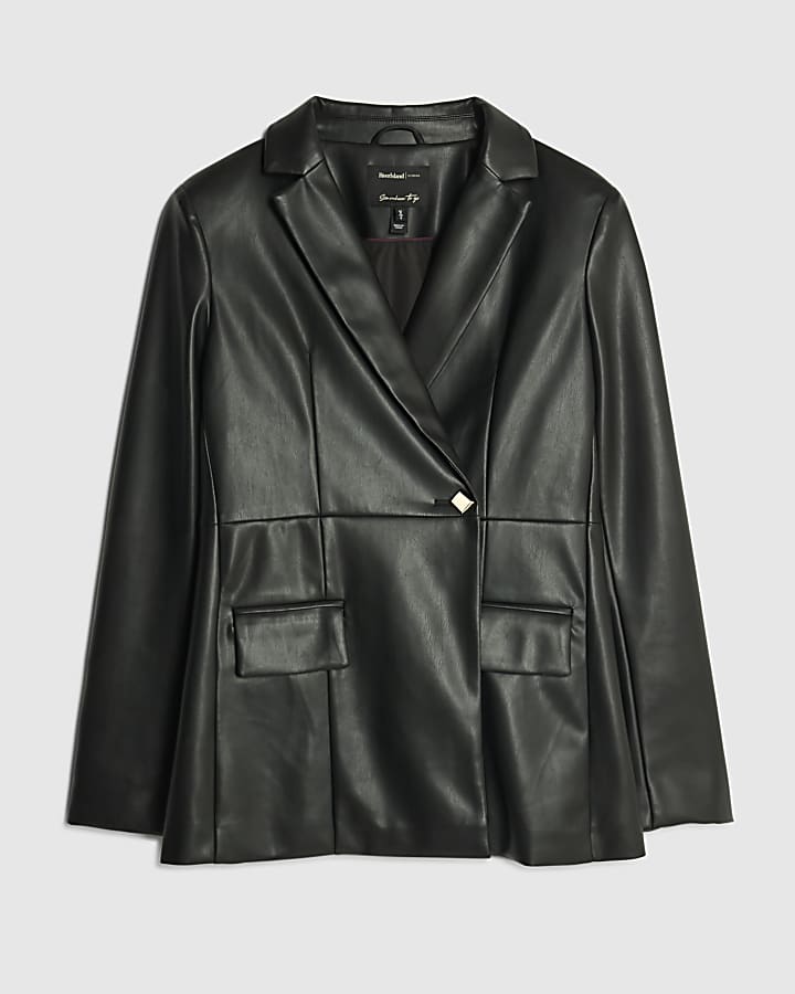 Black Faux Leather Fitted Blazer
