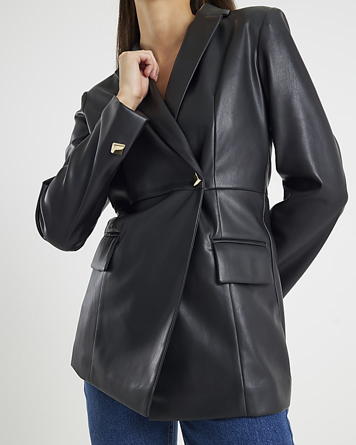 Black Faux Leather Fitted Blazer