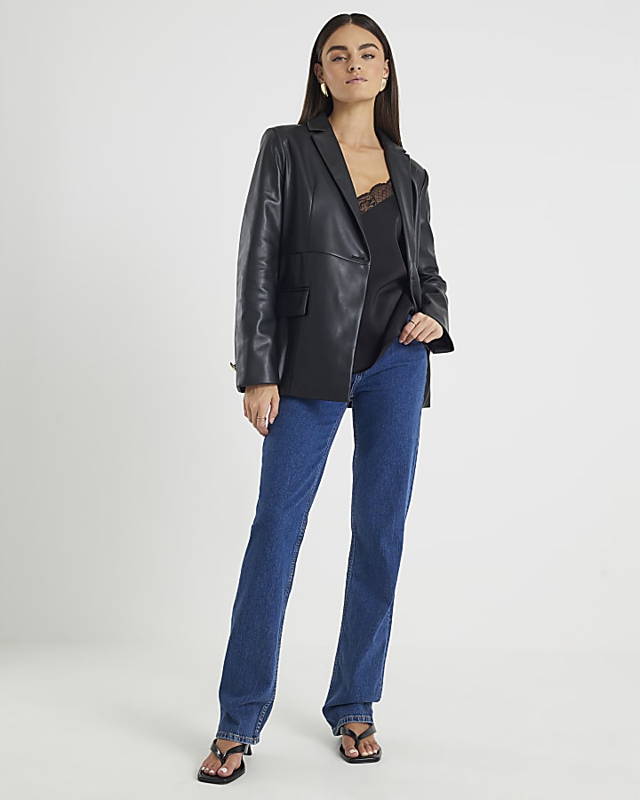 Black Faux Leather Fitted Blazer