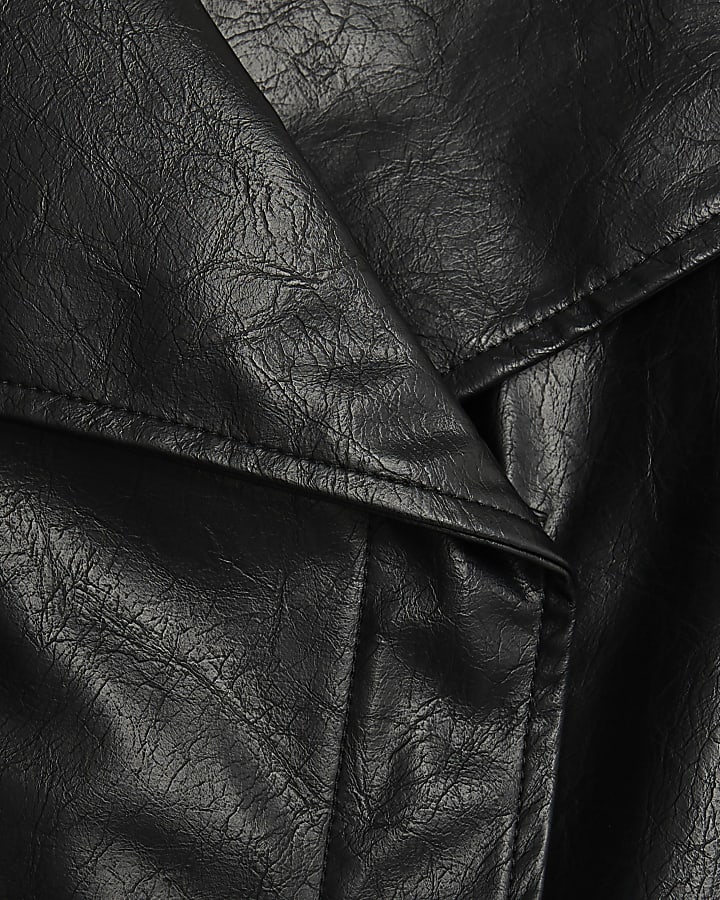 Black Faux Leather Waterfall Collared Jacket