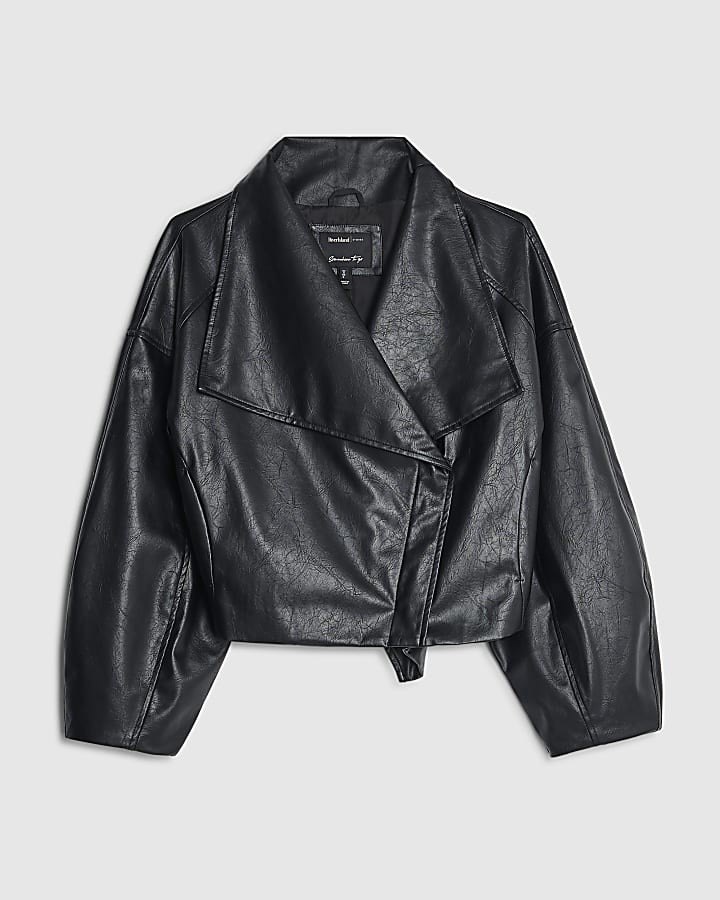 Black Faux Leather Waterfall Collared Jacket