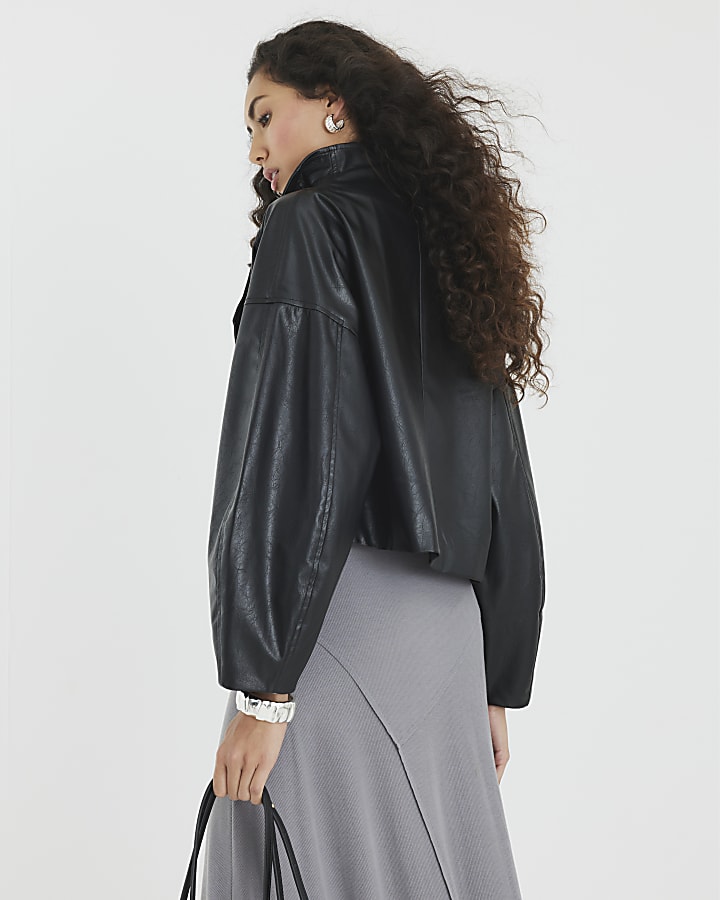 Black Faux Leather Waterfall Collared Jacket
