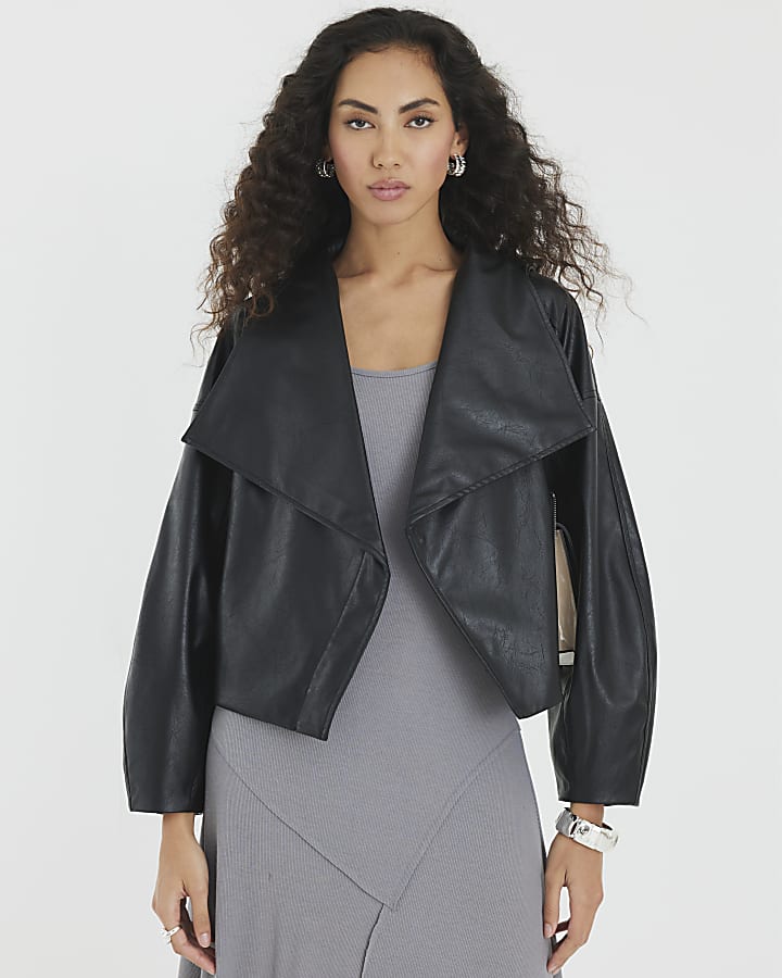 Black Faux Leather Waterfall Collared Jacket