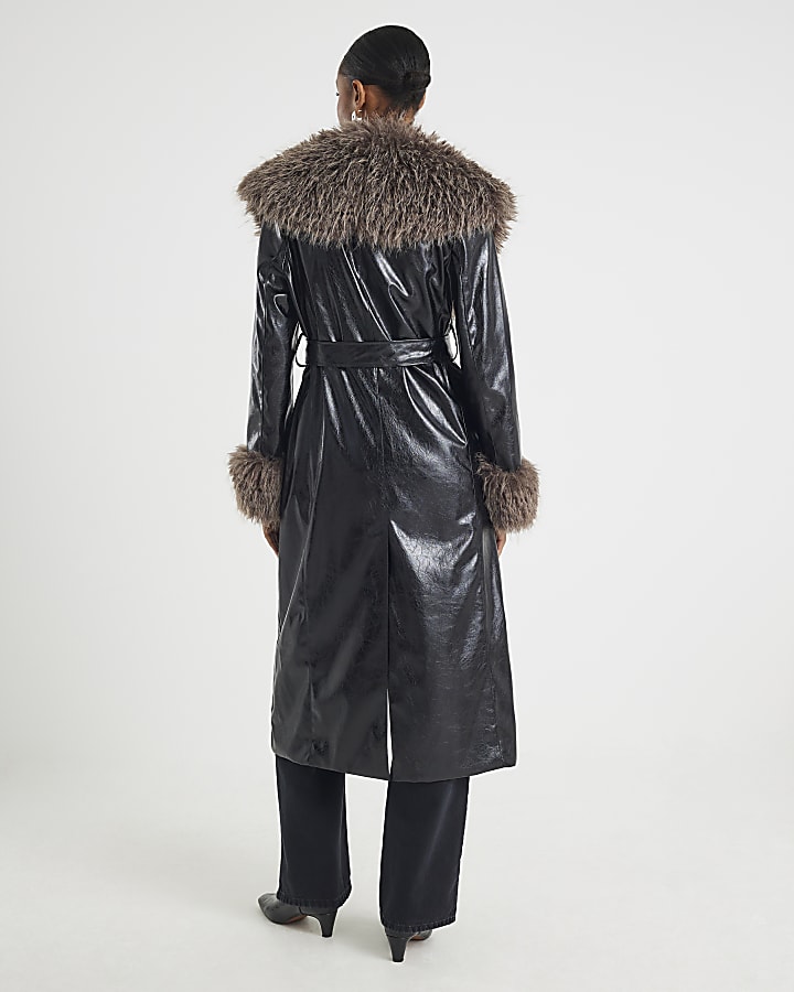 Black Faux Fur Collar Trench Coat