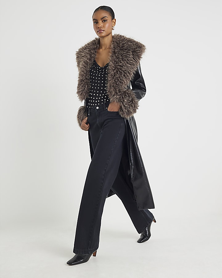 Black Faux Fur Collar Trench Coat