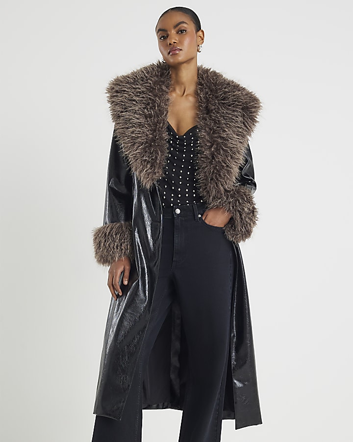 Black Faux Fur Collar Trench Coat