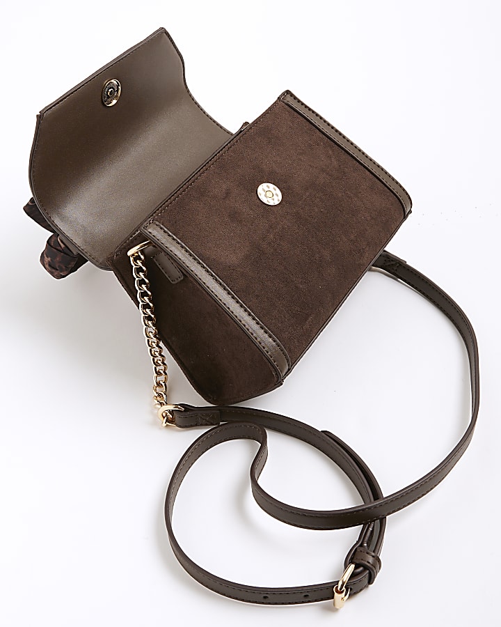 Brown Faux Suede Mini Cross Body Tote Bag