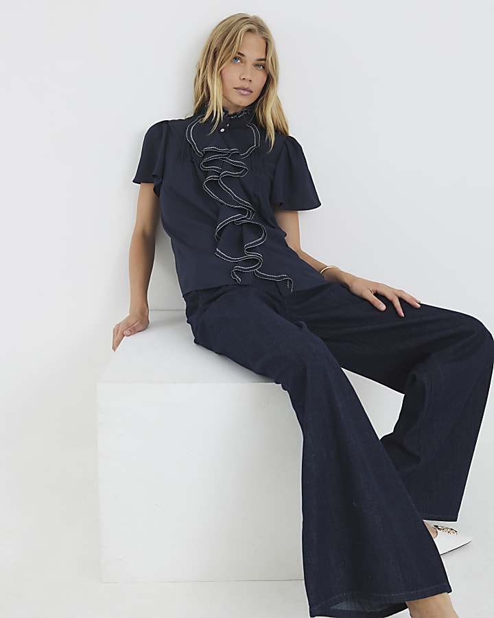 Navy Angel Sleeve Ruffle Shirt
