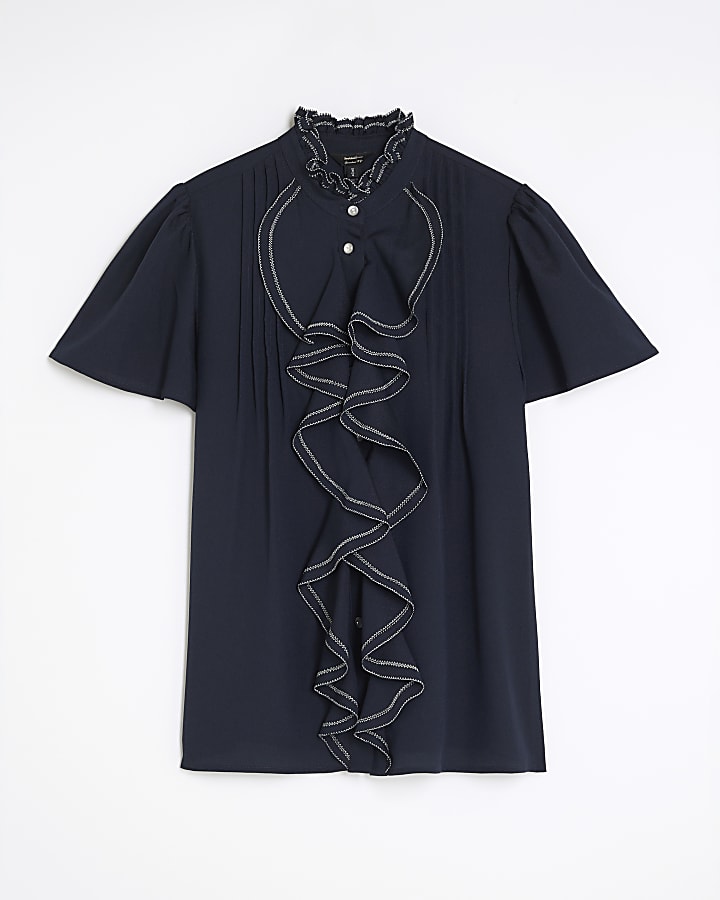 Navy Angel Sleeve Ruffle Shirt