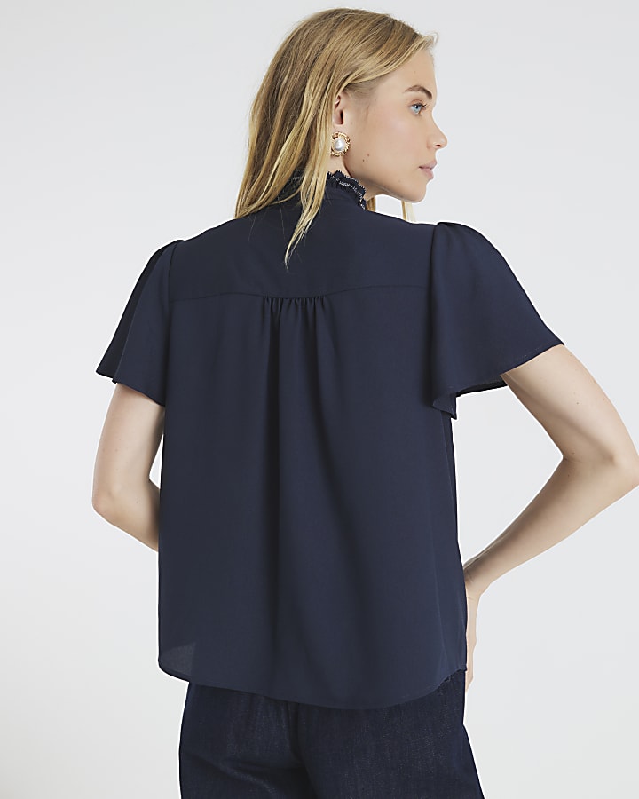 Navy Angel Sleeve Ruffle Shirt