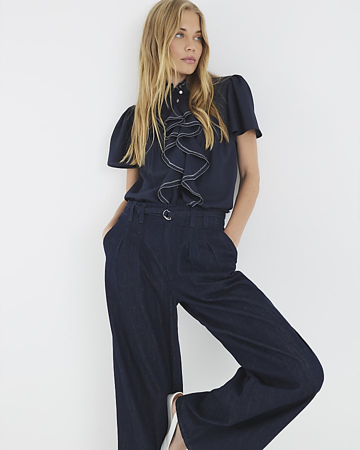 Navy Angel Sleeve Ruffle Shirt