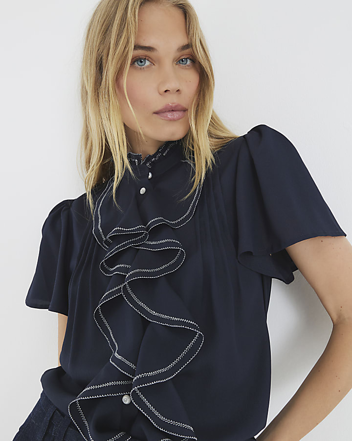 Navy Angel Sleeve Ruffle Shirt