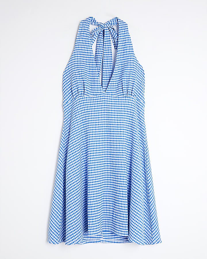 Blue Sleeveless Gingham Mini Dress