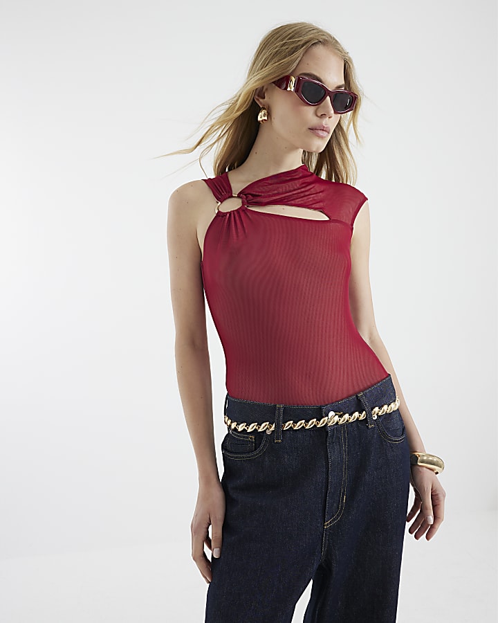 Red Sleeveless Cut Out Mesh Bodysuit