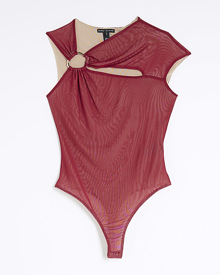 Red Sleeveless Cut Out Mesh Bodysuit