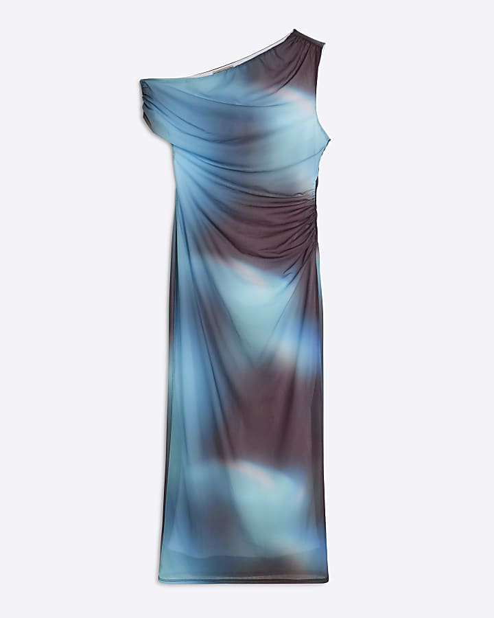 Blue Asymmetric Ombre Mesh Midi Dress