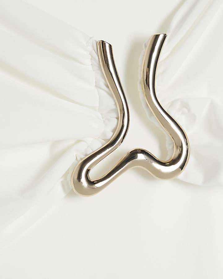 White Wavy Trim Ruched Midi Skirt