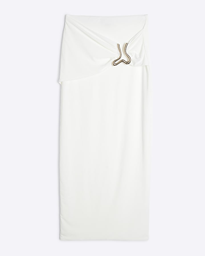 White Wavy Trim Ruched Midi Skirt