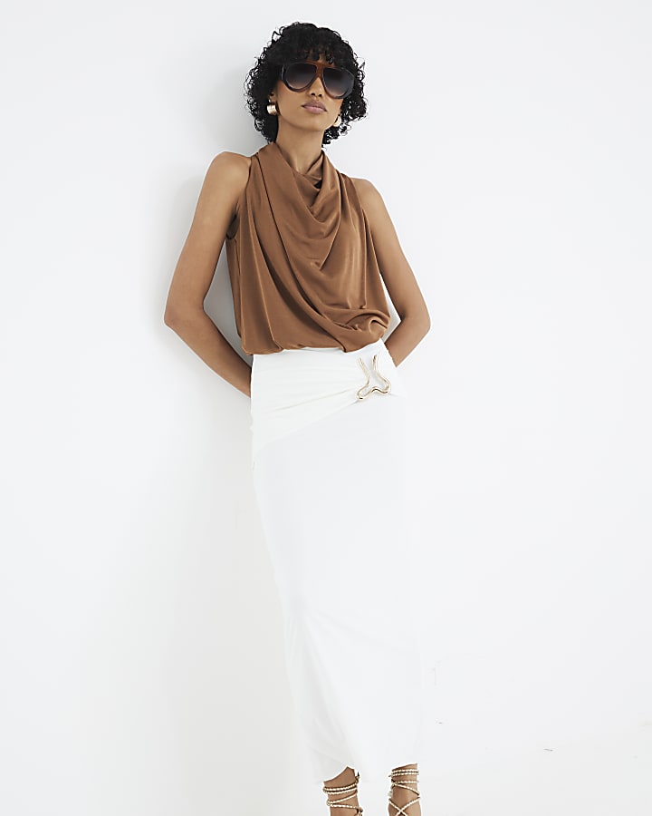 White Wavy Trim Ruched Midi Skirt