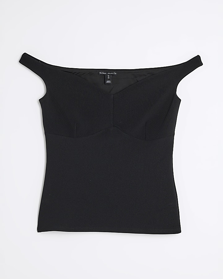 Black Sleeveless Ribbed Bardot Top