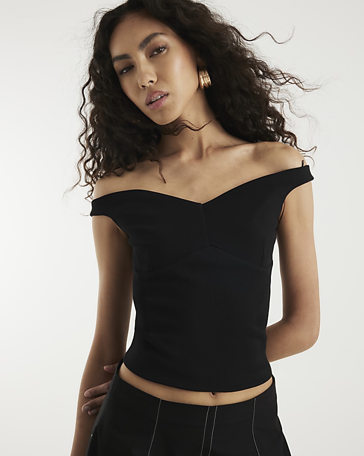 Black Sleeveless Ribbed Bardot Top