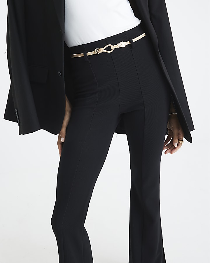 Black Ribbed Belted Flare Trousers