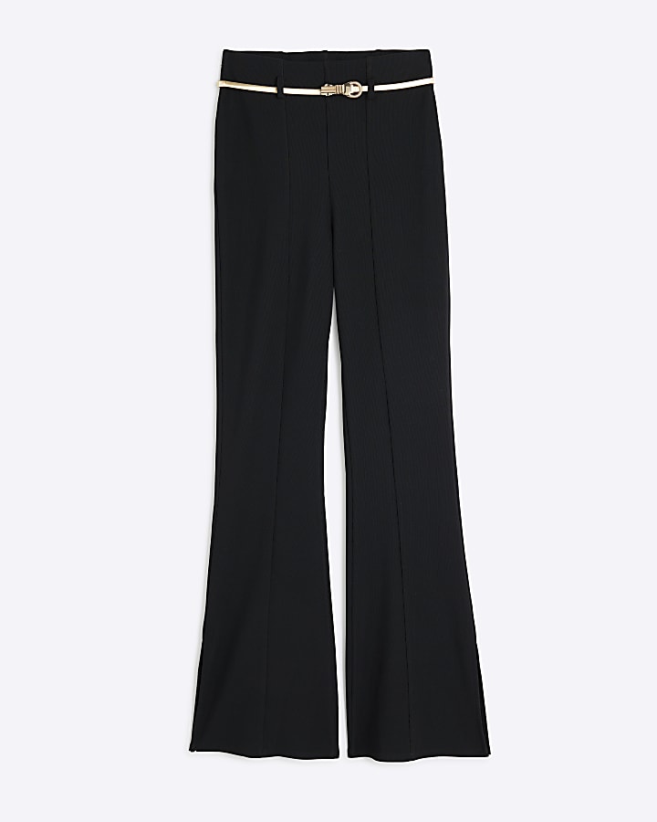 Black Ribbed Belted Flare Trousers