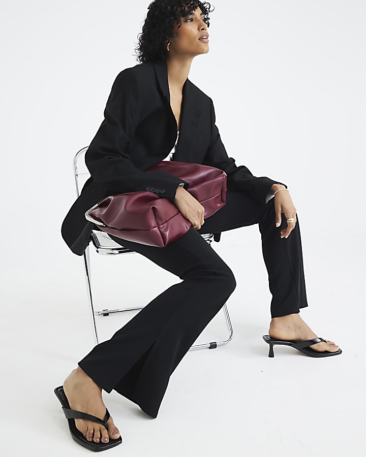 Black Ribbed Belted Flare Trousers