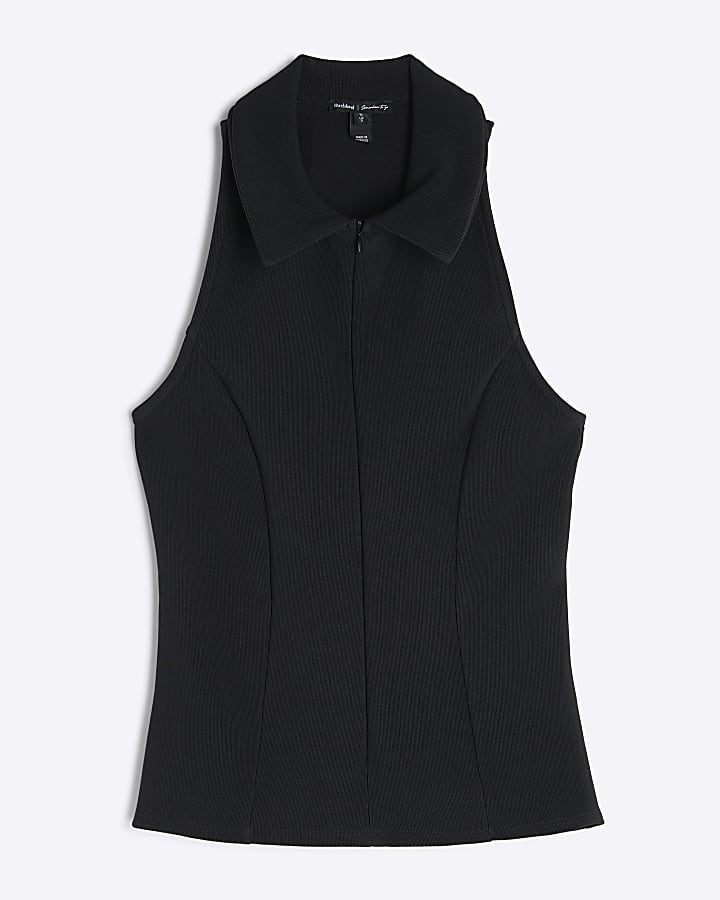 Black Sleeveless Zip Front Ribbed Top