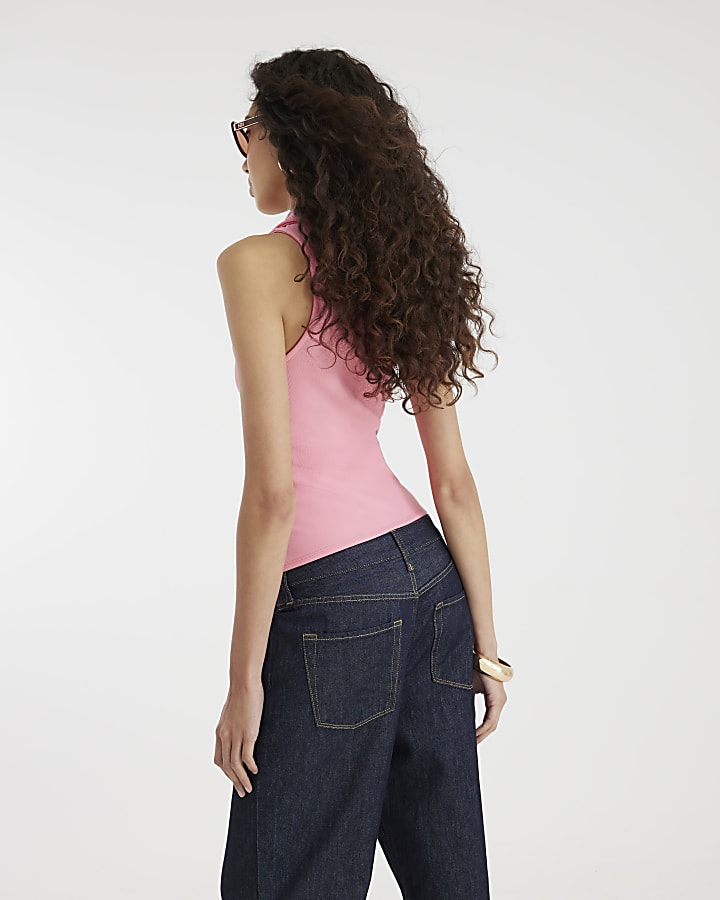 Pink Sleeveless Zip Front Ribbed Top