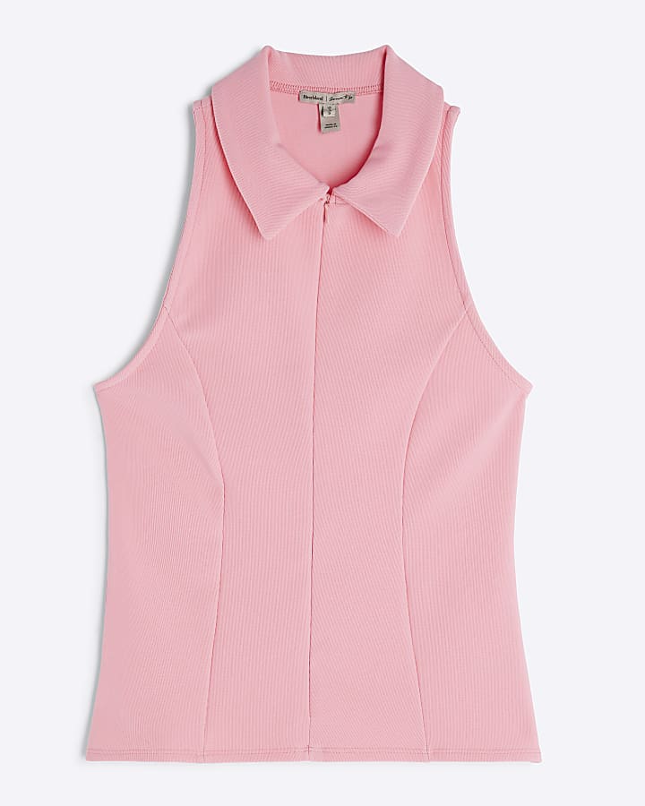 Pink Sleeveless Zip Front Ribbed Top