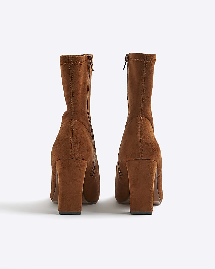 Brown Faux Suedette Square Heel Boots