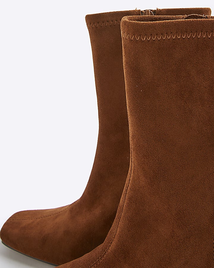 Brown Faux Suedette Square Heel Boots