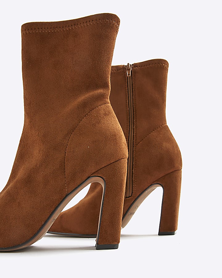 Brown Faux Suedette Square Heel Boots