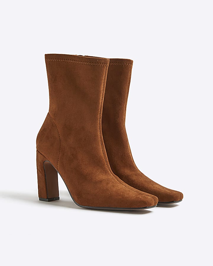 Brown Faux Suedette Square Heel Boots