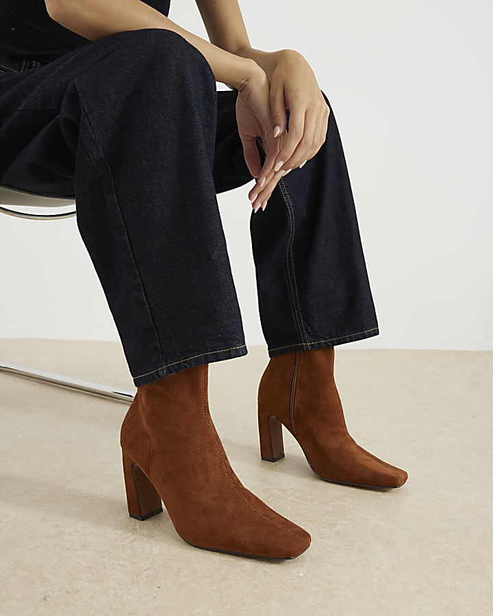 Brown Faux Suedette Square Heel Boots