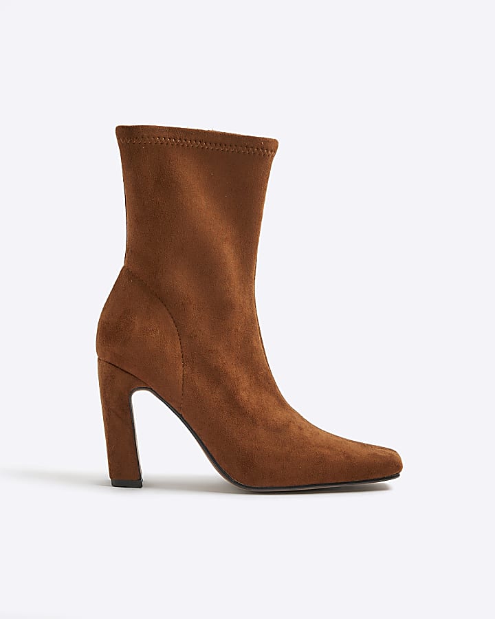Brown Faux Suedette Square Heel Boots