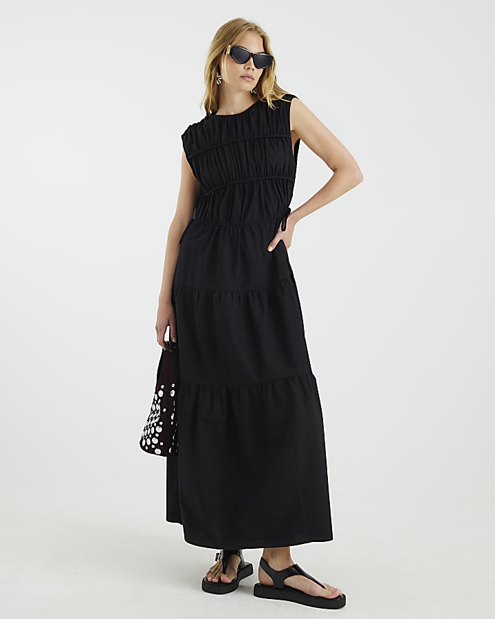 Black Drawstring Tiered Maxi Dress