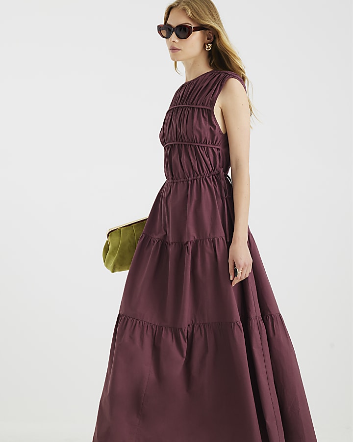 Purple Drawstring Tiered Maxi Dress