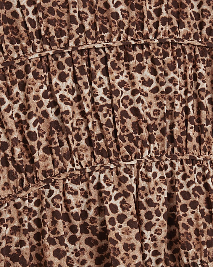 Beige Drawstring Tiered Leopard Maxi Dress