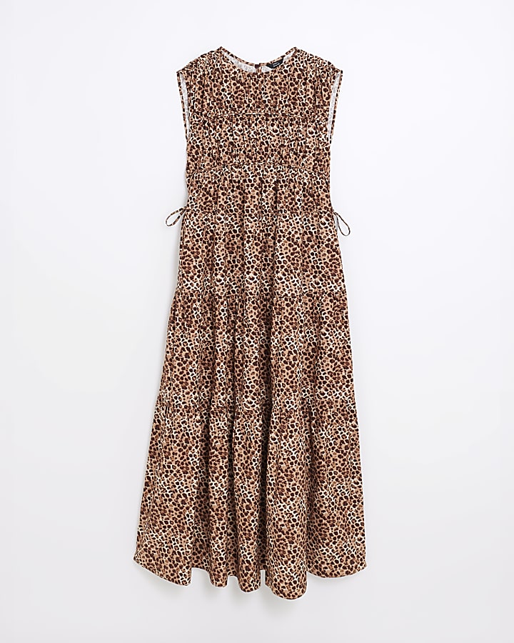 Beige Drawstring Tiered Leopard Maxi Dress