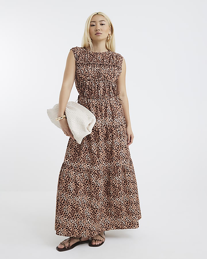 Beige Drawstring Tiered Leopard Maxi Dress