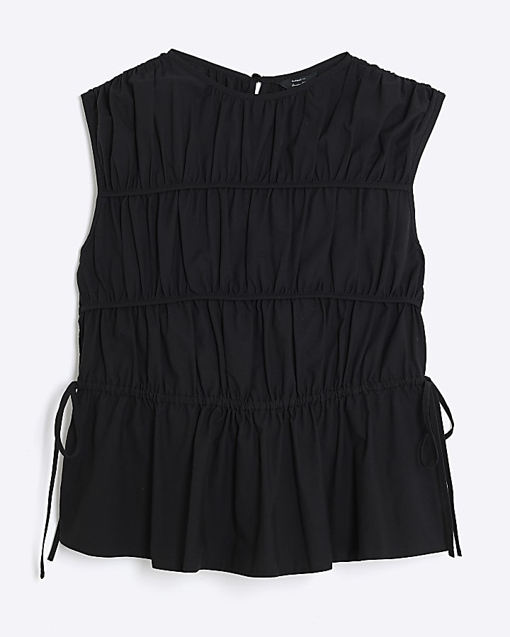 Black Tiered String Detail Peplum Top