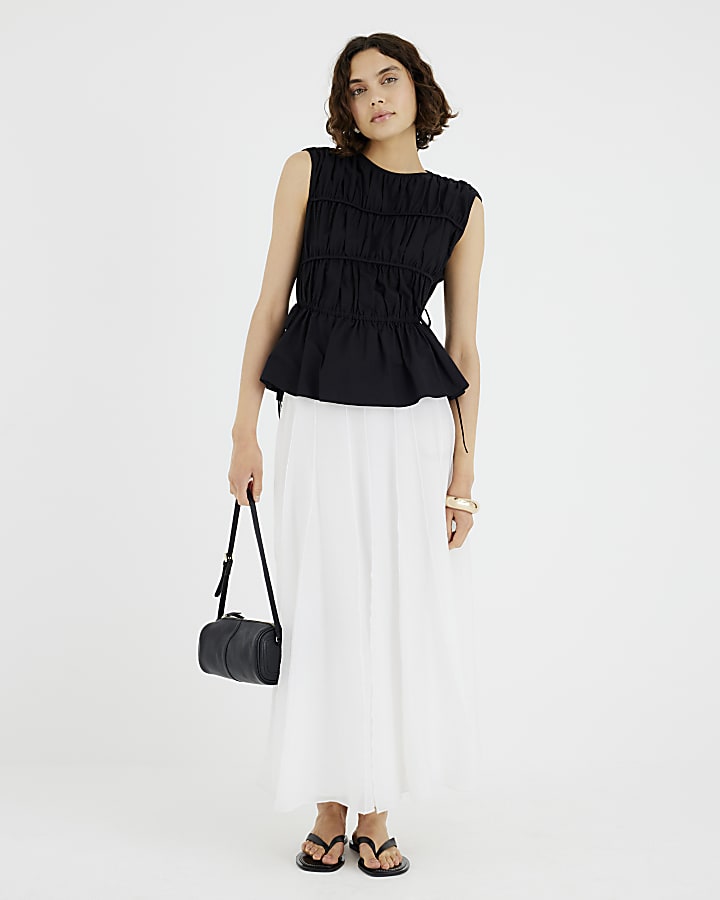 Black Tiered String Detail Peplum Top