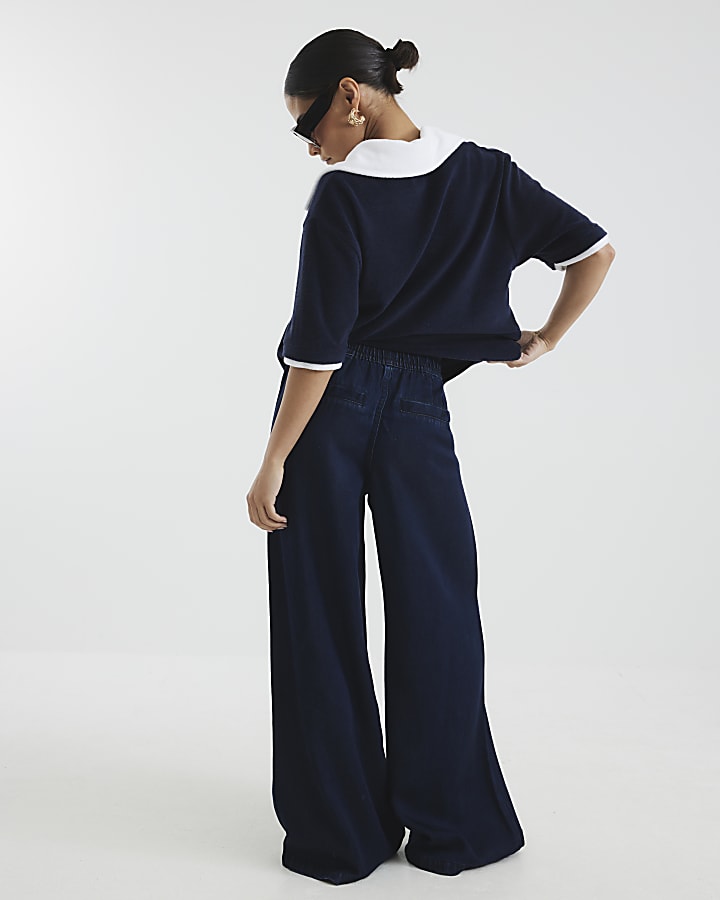 Petite Dark Blue Wide Leg Pyjama Style Jeans