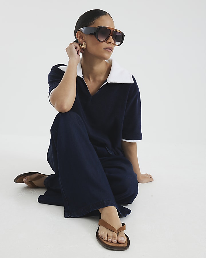 Petite Dark Blue Wide Leg Pyjama Style Jeans